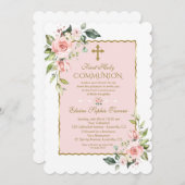 Invitation Luxe Fleurs Flush Or Première Sainte Communion (Devant / Derrière)