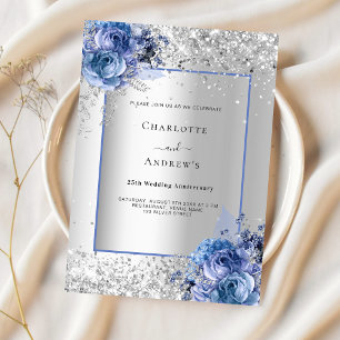 Invitation Luxe florale bleu argent 25e anniversaire de maria
