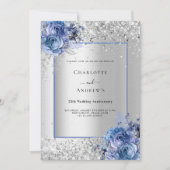 Invitation Luxe florale bleu argent 25e anniversaire de maria (Devant)