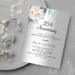 Invitation Luxe florale d'argent 25e anniversaire mariage<br><div class="desc">Un arrière - plan faux argenté. Décorée d'une floraison blanche,  d'une fleur de pivoine et d'une verdure d'eucalyptus couleur verte à l'eau. Personnalisez et ajoutez vos noms et détails</div>