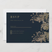 Invitation Luxe florale en dentelle d'or bleu marine RSVP (Devant)