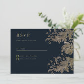 Invitation Luxe florale en dentelle d'or bleu marine RSVP (Debout devant)