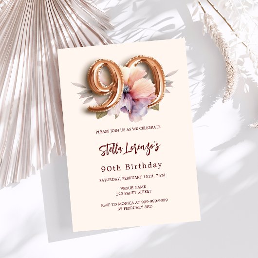 Invitation Luxe florale pêche en or beige 90e anniversaire