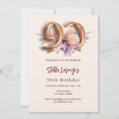 Invitation Luxe florale pêche en or beige 90e anniversaire (Devant)