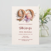 Invitation Luxe florale pêche en or beige 90e anniversaire (Debout devant)