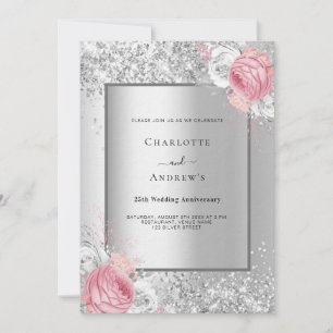 Invitation Luxe florale rose argent 25e anniversaire mariage