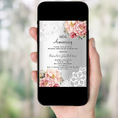 Invitation Luxe florale rose argent 60e anniversaire mariage