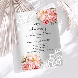 Invitation Luxe florale rose argent 60e anniversaire mariage