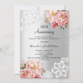Invitation Luxe florale rose argent 60e anniversaire mariage (Devant)