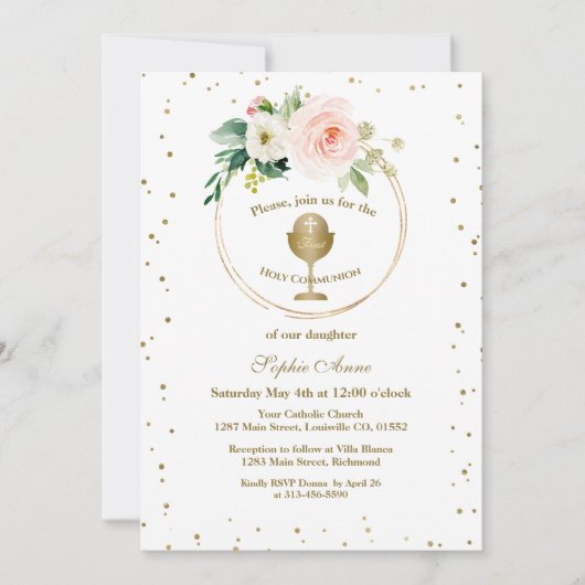 Invitation Luxe Flush Flowers Or Frame Sainte Communion (Devant)