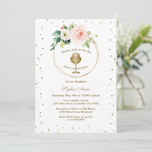 Invitation Luxe Flush Flowers Or Frame Sainte Communion (Debout devant)