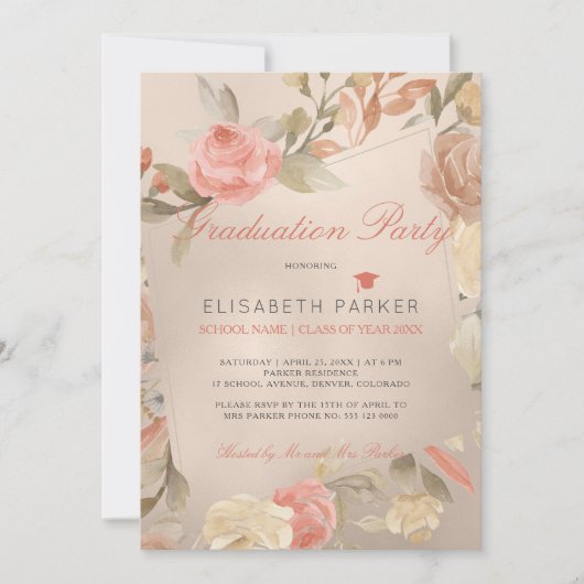 Invitation Luxe Glam Peach Cream Floral Graduation Party (Devant)