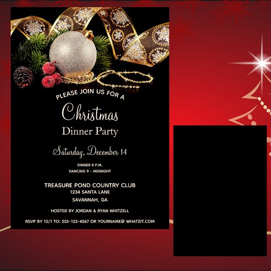 Invitation Luxe Gold Black Silver Xmas Ornementations Dîner