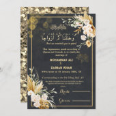 Invitation Luxe Gold Floral Frame Black Nikah contrat (Devant / Derrière)