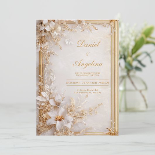 Invitation Luxe Gold Floral Mariage (Debout devant)