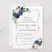 Invitation Luxe Gold Marine Blue Blush Flowers Mariage en fle