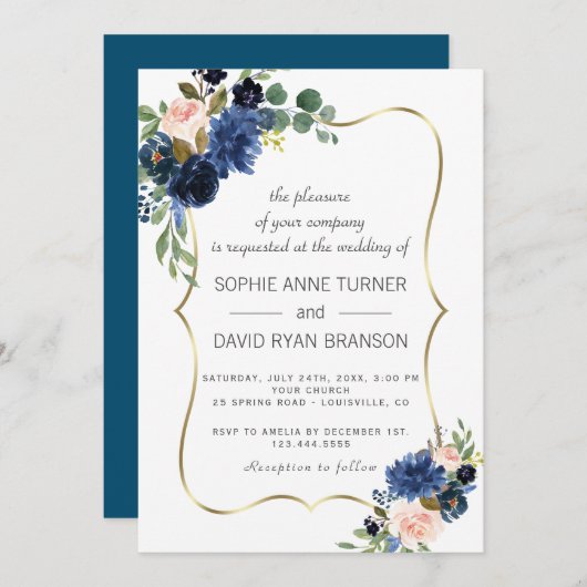 Invitation Luxe Gold Marine Blue Blush Flowers Mariage en fle