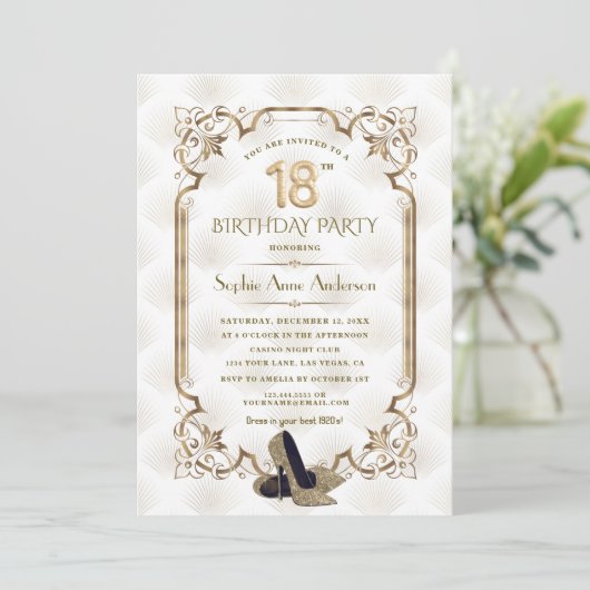 Invitation Luxe Gold White Art Déco 18e anniversaire (Debout devant)