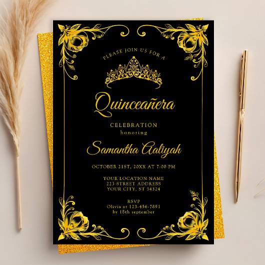 Invitation Luxe Golden Crown Black and Gold Quinceanera