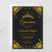 Invitation Luxe Golden Crown Black and Gold Quinceanera (Devant)
