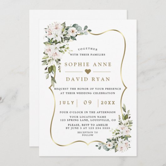 Invitation Luxe Imperial White Lys Rose Gold Mariage dans (Devant / Derrière)
