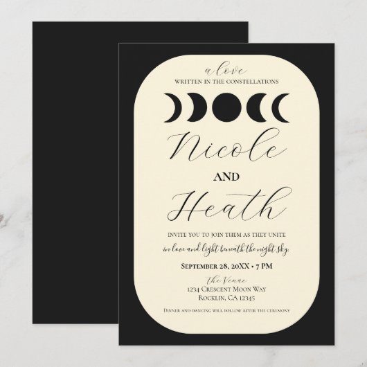 Invitation Luxe Lunaire Mariage à Phase de Lune Noir & Crème (Devant / Derrière)