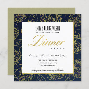 INVITATION LUXE LUSH NAVY FAUX GOLD ROSE DÎNER FLORAL FLORAL