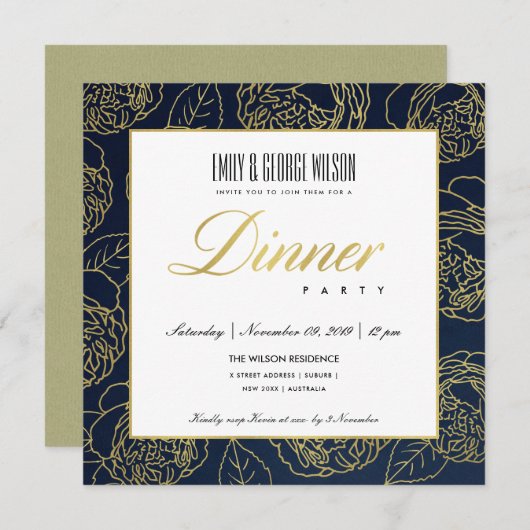 INVITATION LUXE LUSH NAVY FAUX OR ROSE FLORAL SOIREE (Devant / Derrière)