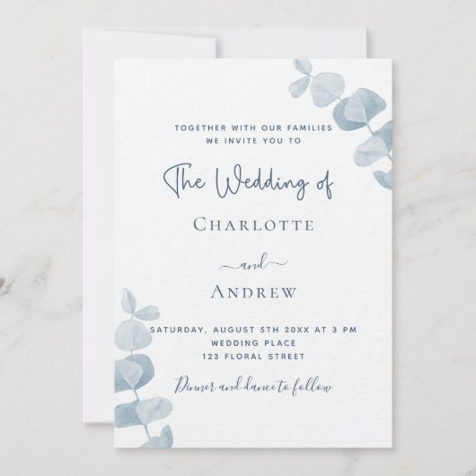 Invitation Luxe mariage blanc bleu poussiéreux (Devant)