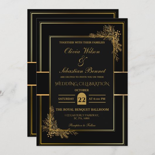 INVITATION LUXE MARIAGE NOIR & OR (Devant / Derrière)