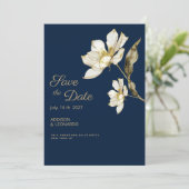 Invitation Luxe marine bleu or blanc fleur Enregistrer la dat (Debout devant)