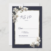 Invitation Luxe marine bleu or blanc orchidée floral RSVP (Devant)