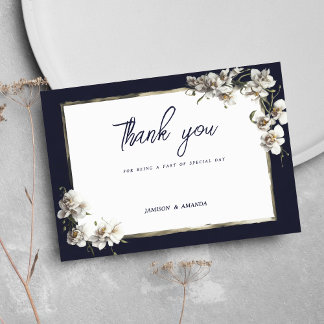 Invitation Luxe marine bleu or blanc orchidée Merci