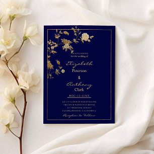Invitation Luxe marine bleu or floral élégant Mariage