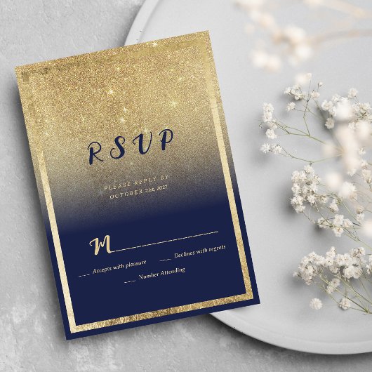 Invitation Luxe marine bleu or ombre parties scintillant RSVP