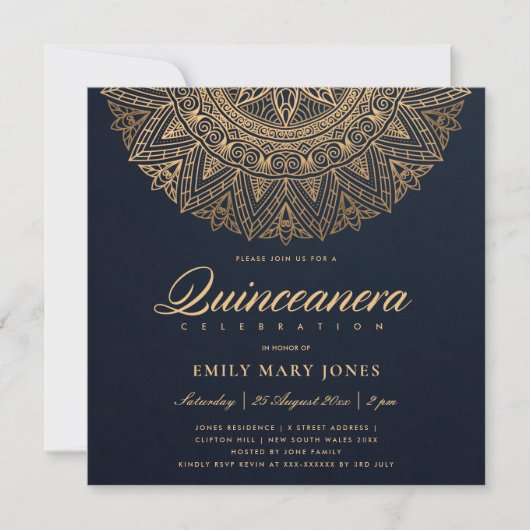 INVITATION LUXE MARINE GOLD CLASSIQUE ORNATE MANDALA QUINCEAN (Devant)