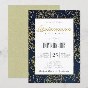 INVITATION LUXE MARINE OR ÉLÉGANT ROSE FLORAL QUINCEANERA