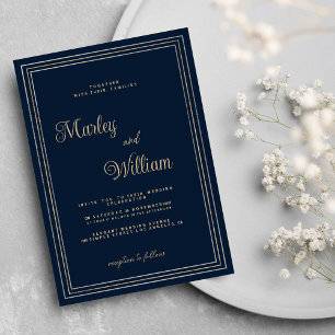 Invitation Luxe minimaliste marine bleu or argent Mariage