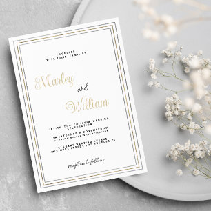 Invitation Luxe minimaliste or blanc argent cadre Mariage