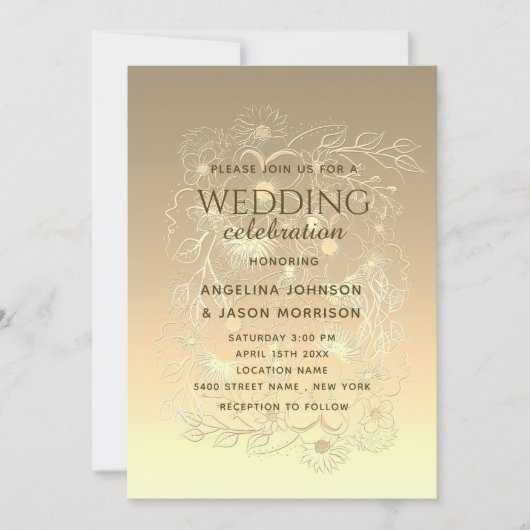 Invitation Luxe moderne Elegant Or Floral Mariage de dentelle (Devant)