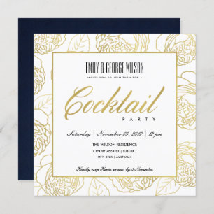 INVITATION LUXE NAVY FAUX GOLD ROSE FLORAL COCKTAIL PARTI