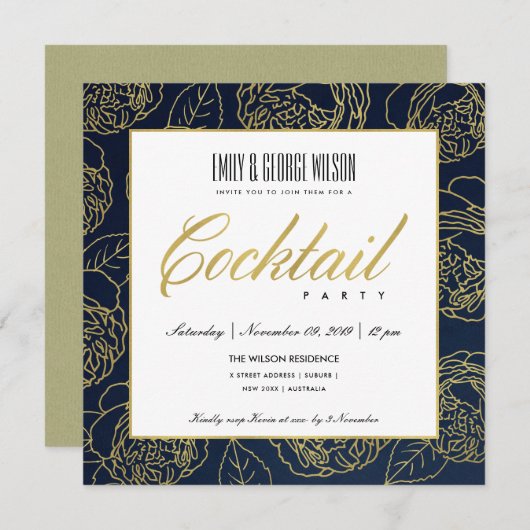 INVITATION LUXE NAVY FAUX OR ROSE FLORAL COCKTAIL PARTY (Devant / Derrière)
