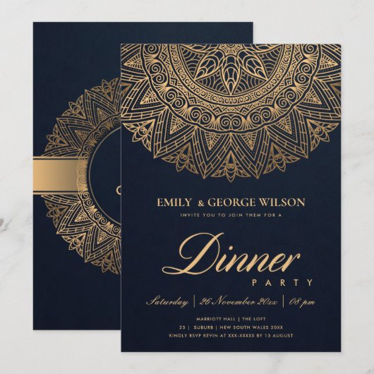 INVITATION LUXE NAVY GOLD CLASSIC ORNATE MANDALA DÎNER PARTIE (Devant / Derrière)