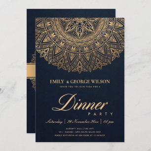 INVITATION LUXE NAVY GOLD CLASSIC ORNATE MANDALA DÎNER PARTIE