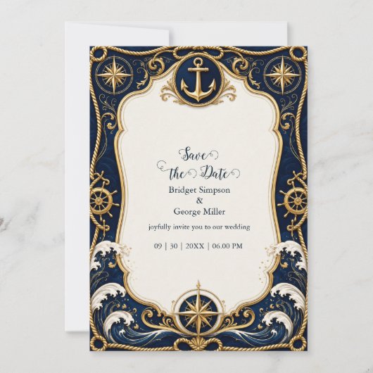 Invitation Luxe Navy Or Anchor Naud Mariage (Devant)