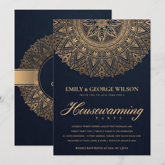 INVITATION LUXE NAVY OR ORNATE MANDALA FÊTE DE RÉCHAUFFEMENT (Devant / Derrière)