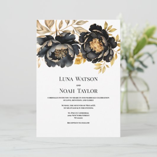 Invitation Luxe noir blanc ivoire or peony Mariage floral (Debout devant)