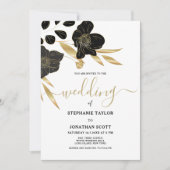 Invitation Luxe noir blanc or floral élégant mariage (Devant)