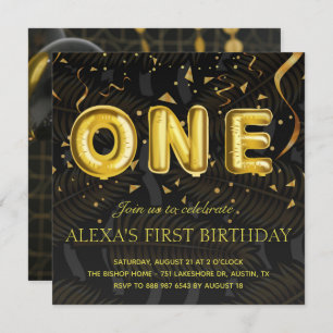 Invitation Luxe Noir et Or confetti Photo Anniversaire