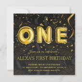 Invitation Luxe Noir et Or confetti Photo Anniversaire (Devant)